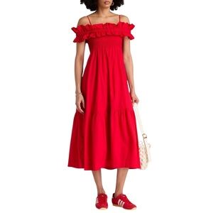 GANNI Cold-shoulder ruffled cotton midi dress in red size 38 excellent condition